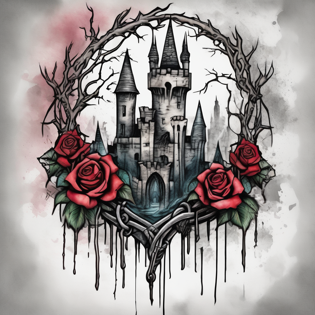 tattoo fool sleeve, old broken gothic castle, broken sword, tree roots break out of the chains, roses glitter tattoo, design de tatouage Aquarelle généré par IA
